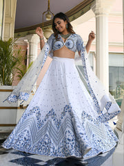 White and Blue Floral Printed Lehenga Choli with Designer Dupatta
