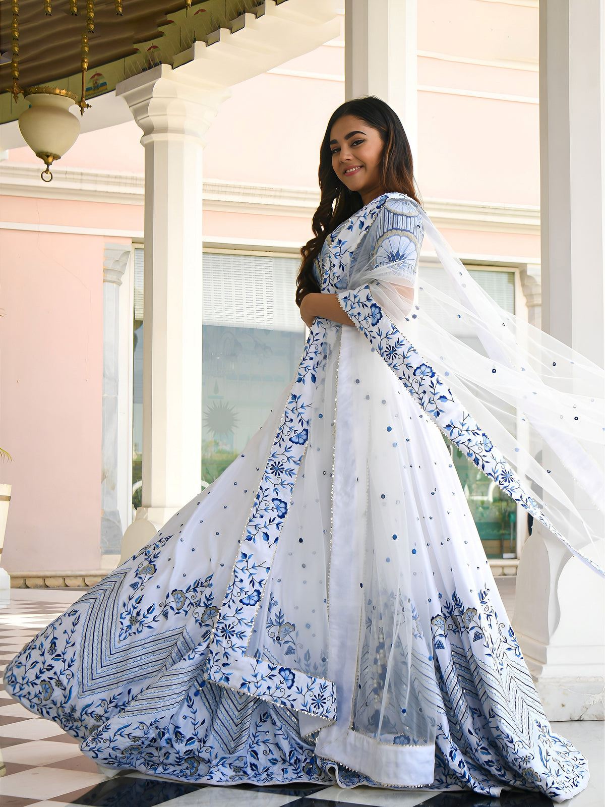 White and Blue Floral Printed Lehenga Choli with Designer Dupatta