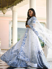 White and Blue Floral Printed Lehenga Choli with Designer Dupatta