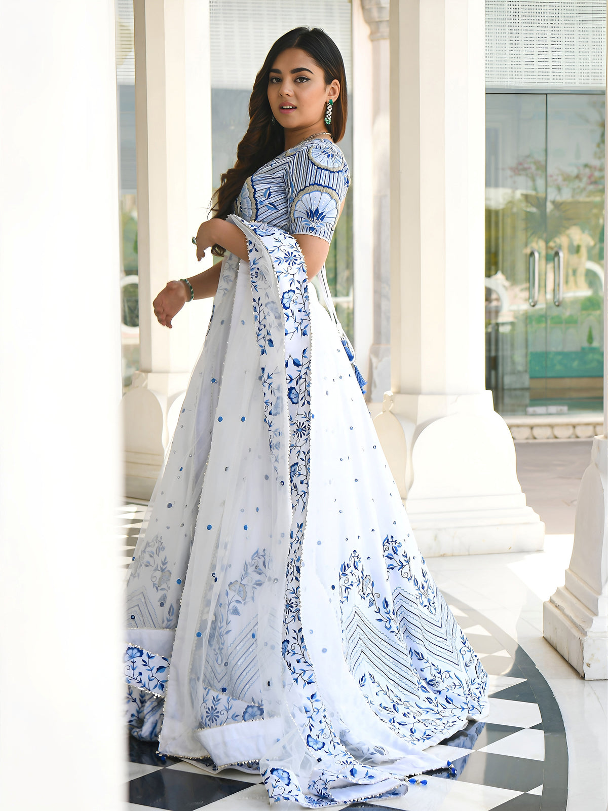 White and Blue Floral Printed Lehenga Choli with Designer Dupatta