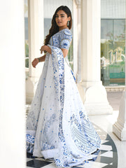 White and Blue Floral Printed Lehenga Choli with Designer Dupatta