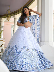 White and Blue Floral Printed Lehenga Choli with Designer Dupatta