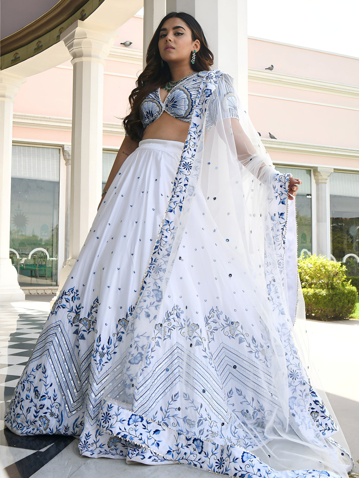 White and Blue Floral Printed Lehenga Choli with Designer Dupatta