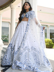 White and Blue Floral Printed Lehenga Choli with Designer Dupatta