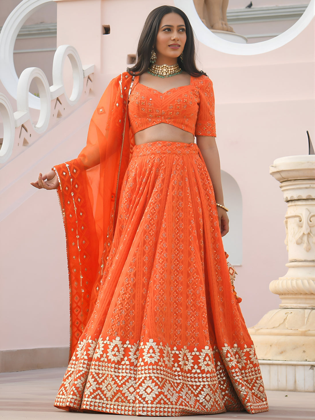 Orange Embroidered Lehenga Choli with Mirror Work and Designer Dupatta