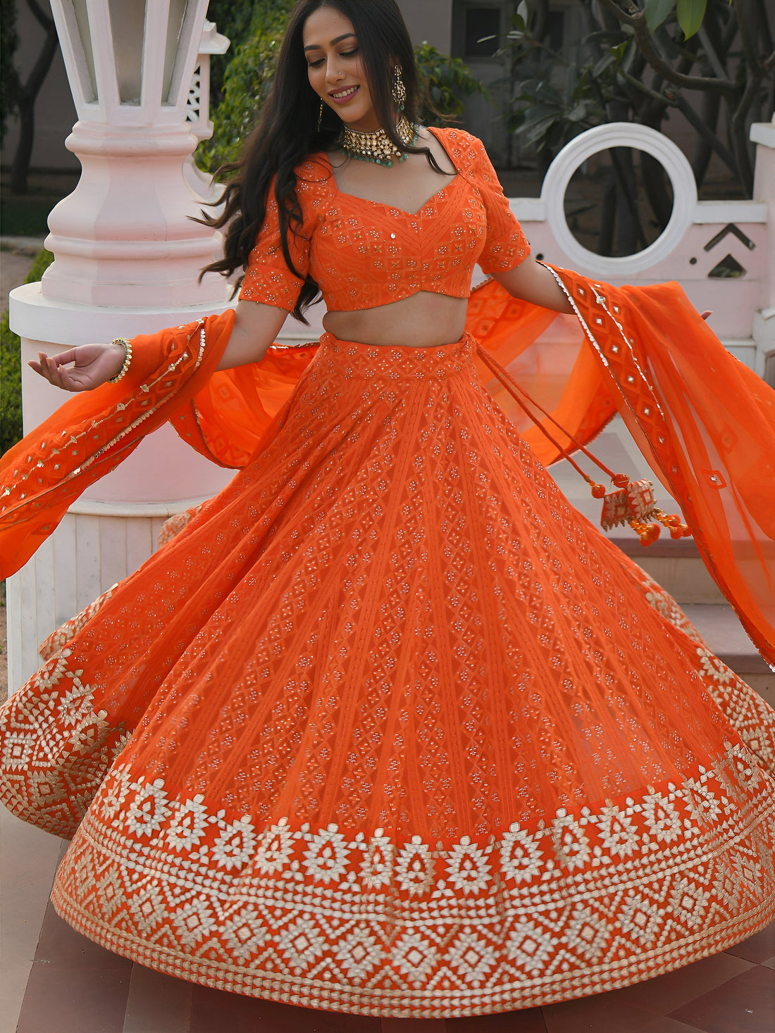 Orange Embroidered Lehenga Choli with Mirror Work and Designer Dupatta
