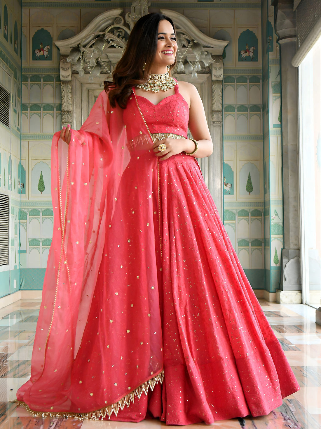 Coral Pink Sequin Embellished Anarkali Gown with Sheer Dupatta