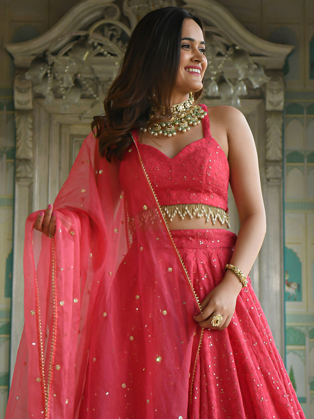 Coral Pink Sequin Embellished Anarkali Gown with Sheer Dupatta