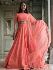 Peach Pink Embroidered Lehenga Choli with Gold Border Dupatta