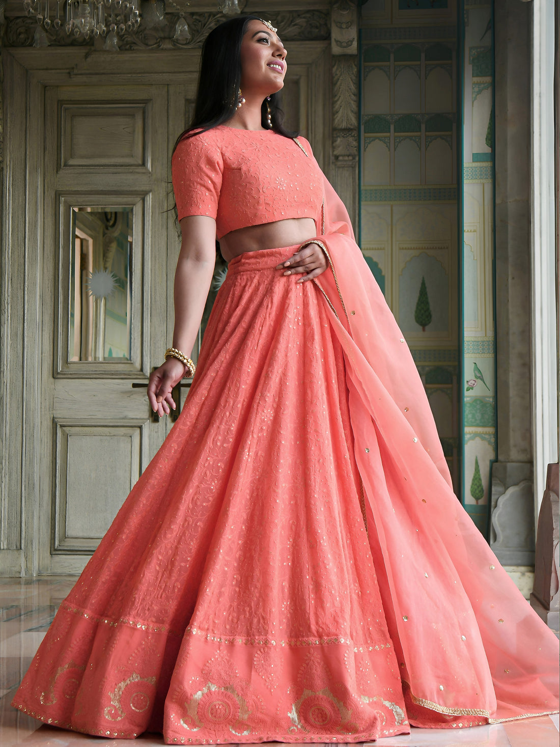 Peach Pink Embroidered Lehenga Choli with Gold Border Dupatta