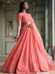Peach Pink Embroidered Lehenga Choli with Gold Border Dupatta