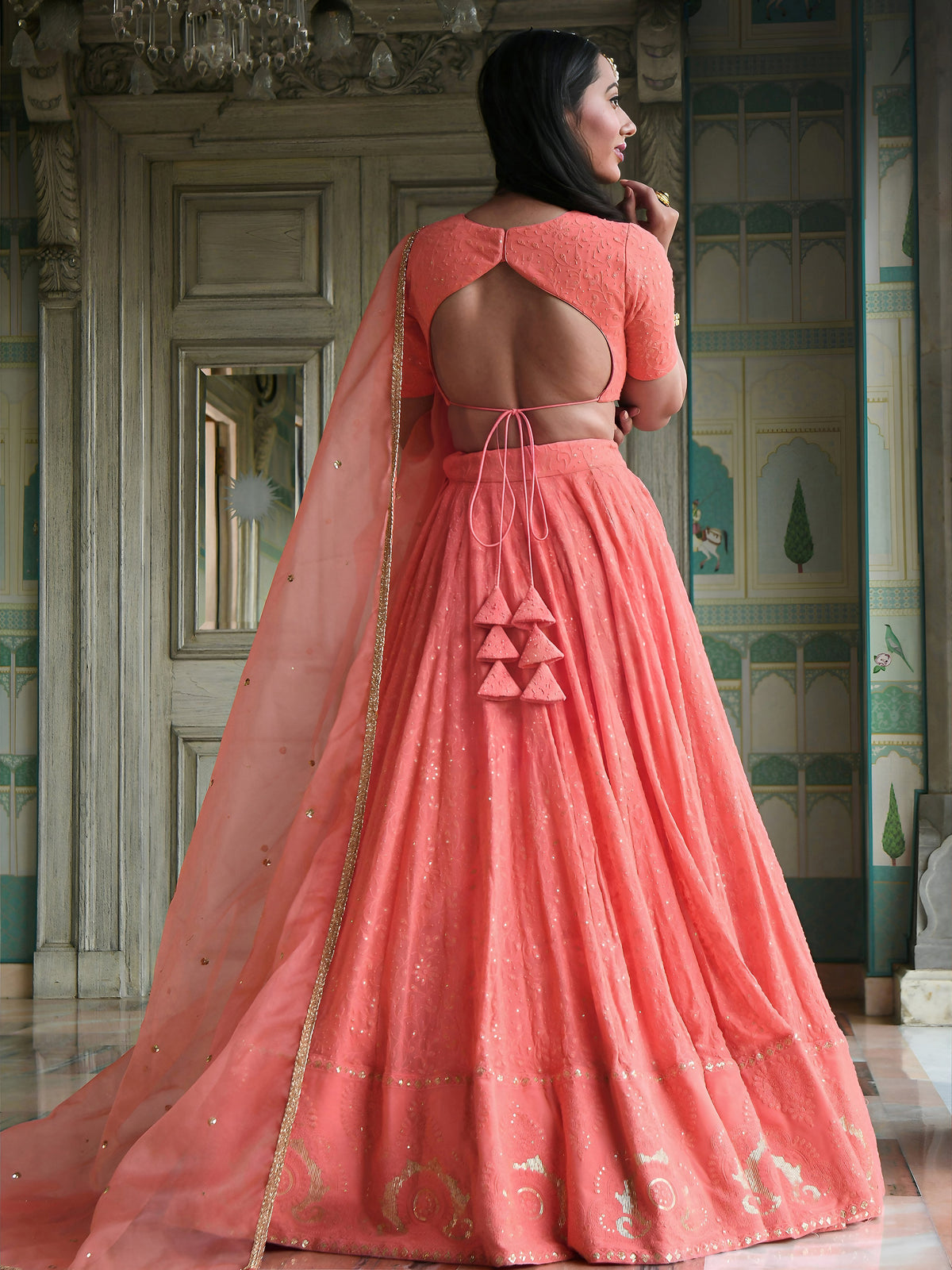Peach Pink Embroidered Lehenga Choli with Gold Border Dupatta