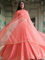 Peach Pink Embroidered Lehenga Choli with Gold Border Dupatta