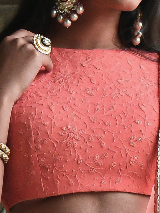 Peach Pink Embroidered Lehenga Choli with Gold Border Dupatta