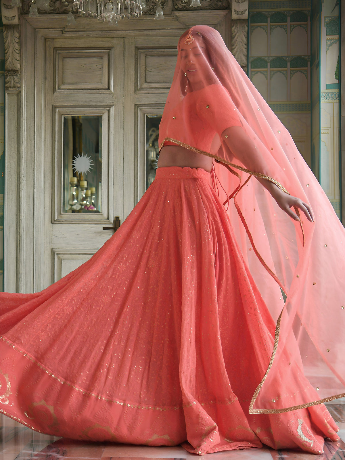 Peach Pink Embroidered Lehenga Choli with Gold Border Dupatta