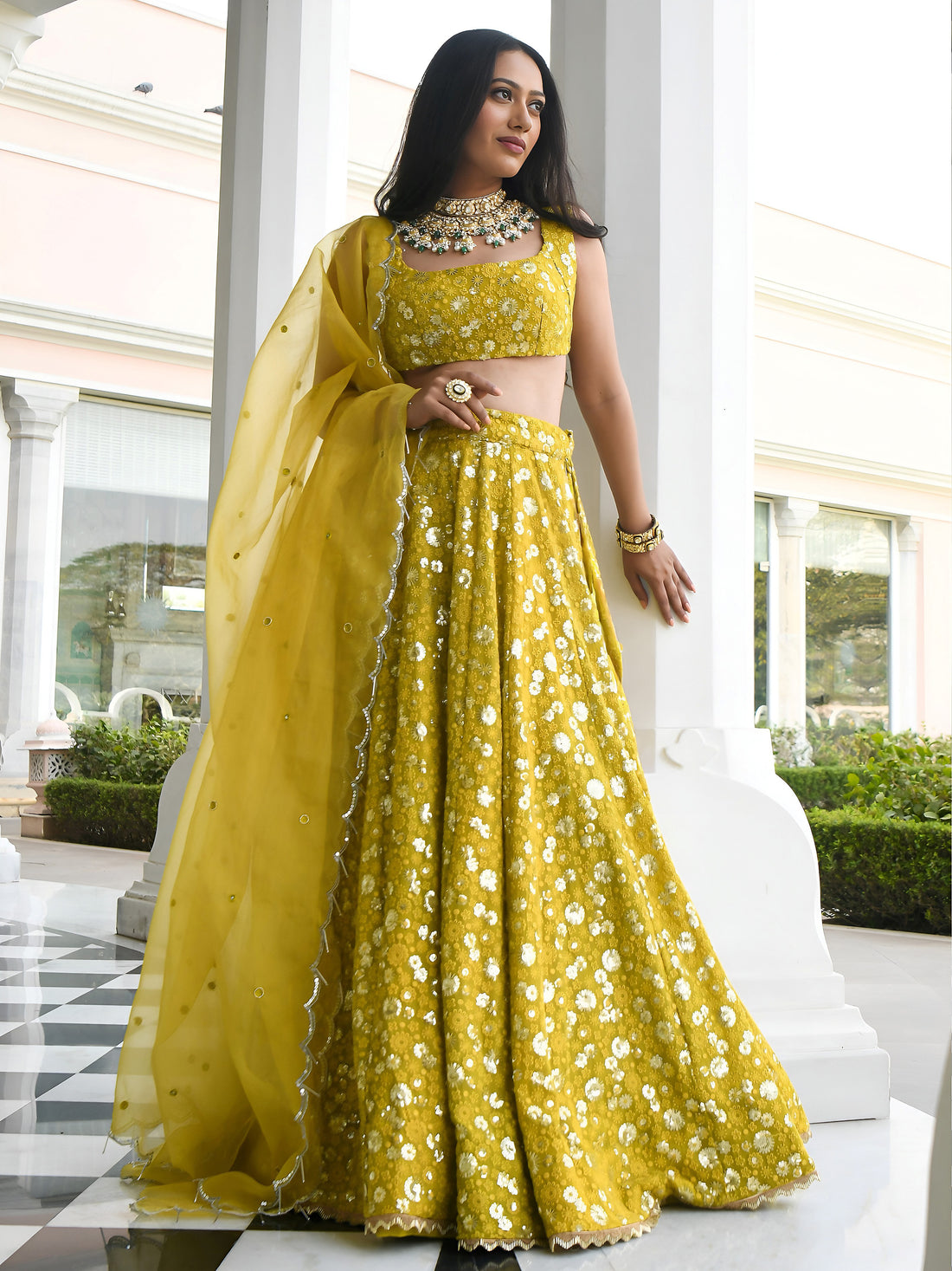 OLIVE Floral Embroidered Lehenga Choli with Dupatta