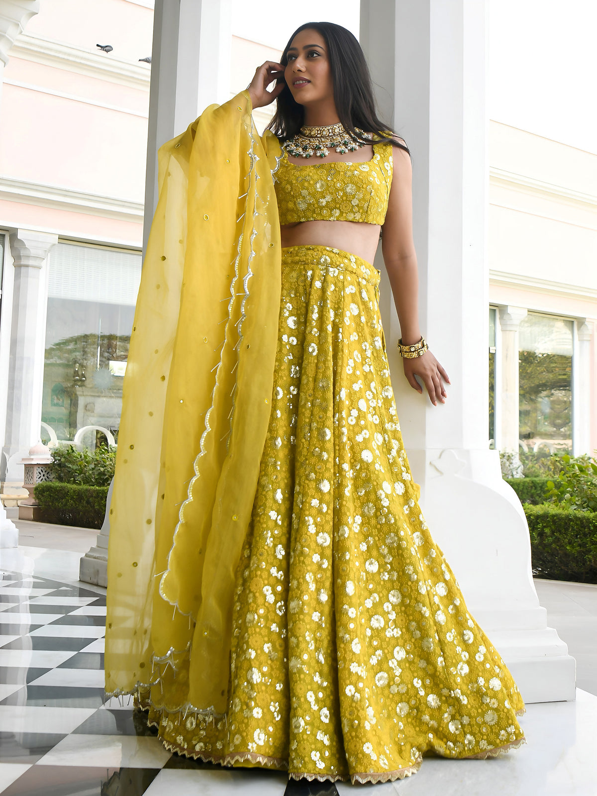 OLIVE Floral Embroidered Lehenga Choli with Dupatta