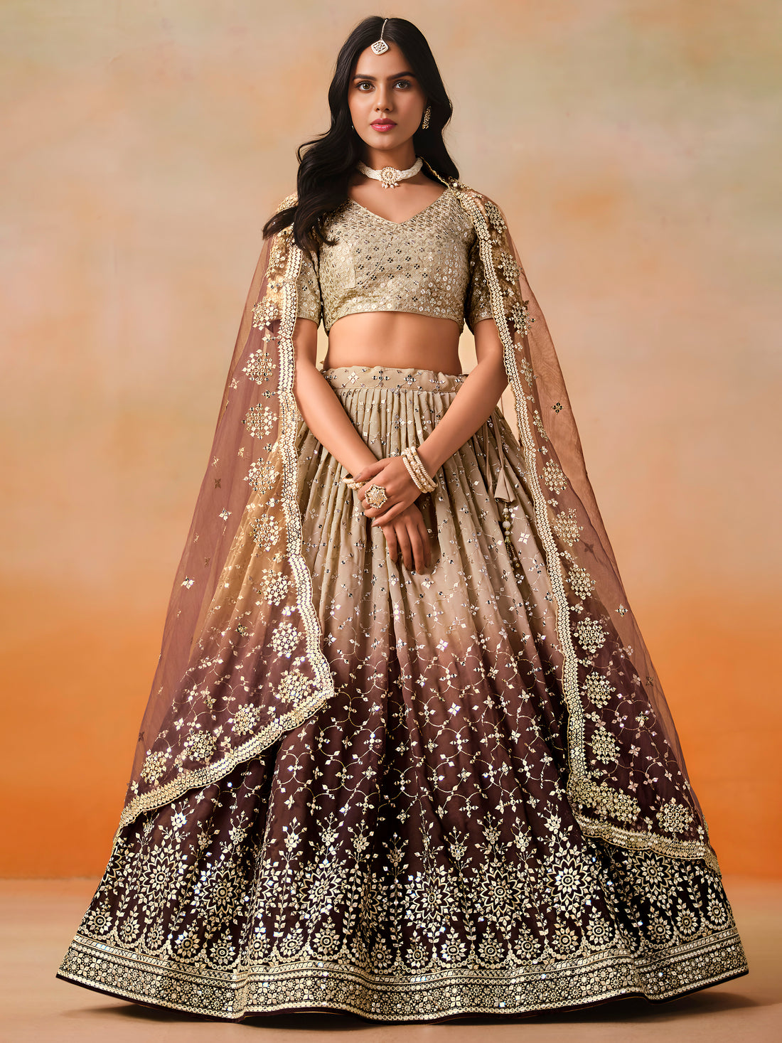 Brown Ombre Embroidered Lehenga Choli with Gold Work Dupatta