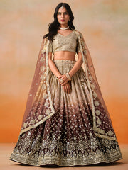 Brown Ombre Embroidered Lehenga Choli with Gold Work Dupatta