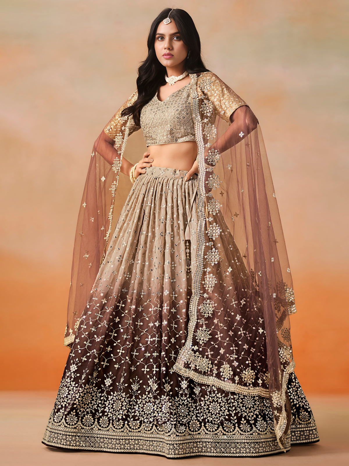 Brown Ombre Embroidered Lehenga Choli with Gold Work Dupatta