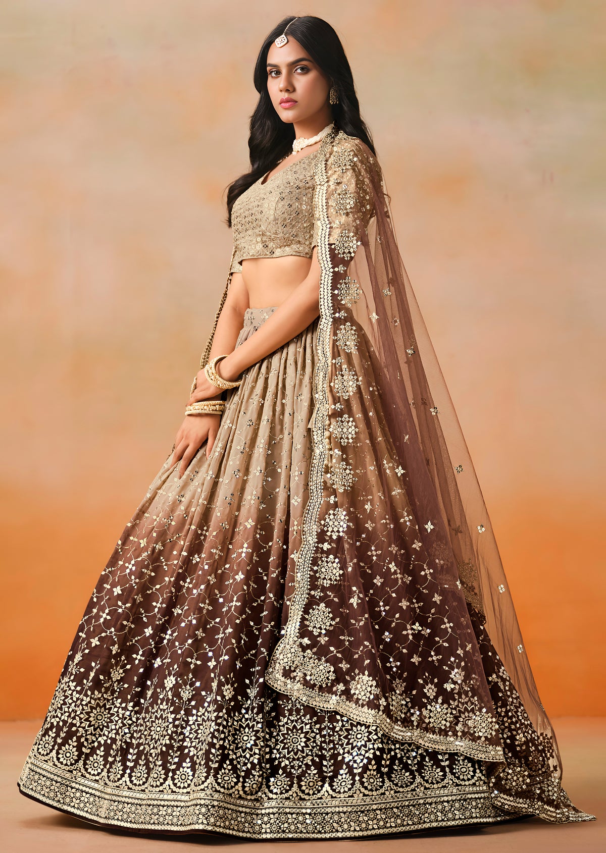 Brown Ombre Embroidered Lehenga Choli with Gold Work Dupatta