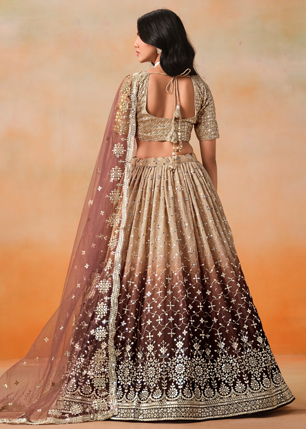 Brown Ombre Embroidered Lehenga Choli with Gold Work Dupatta