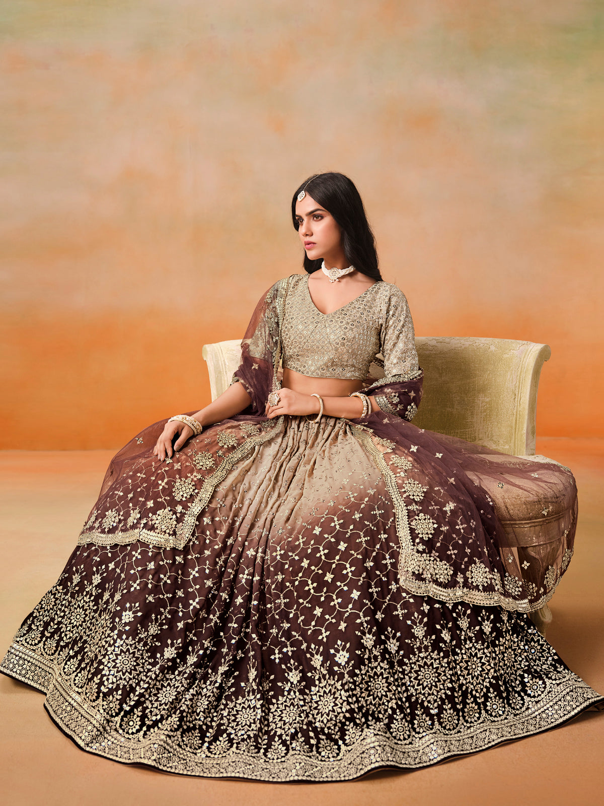 Brown Ombre Embroidered Lehenga Choli with Gold Work Dupatta