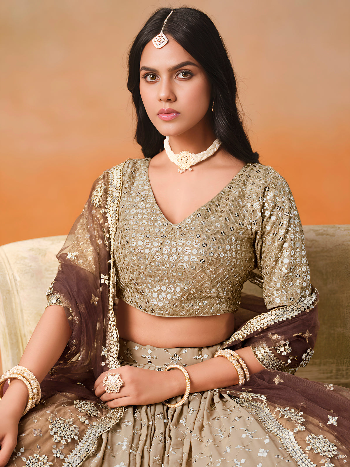 Brown Ombre Embroidered Lehenga Choli with Gold Work Dupatta