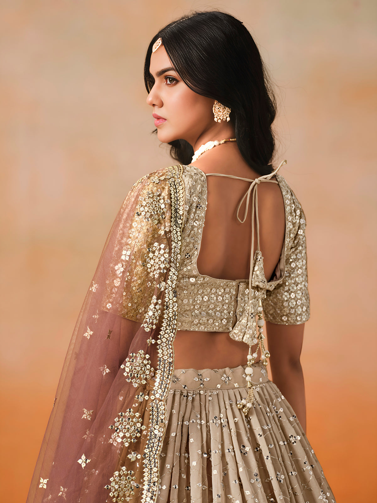 Brown Ombre Embroidered Lehenga Choli with Gold Work Dupatta