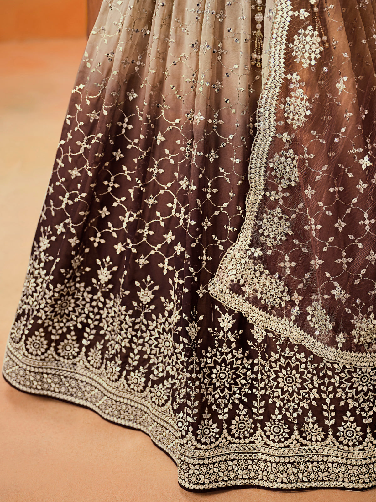 Brown Ombre Embroidered Lehenga Choli with Gold Work Dupatta