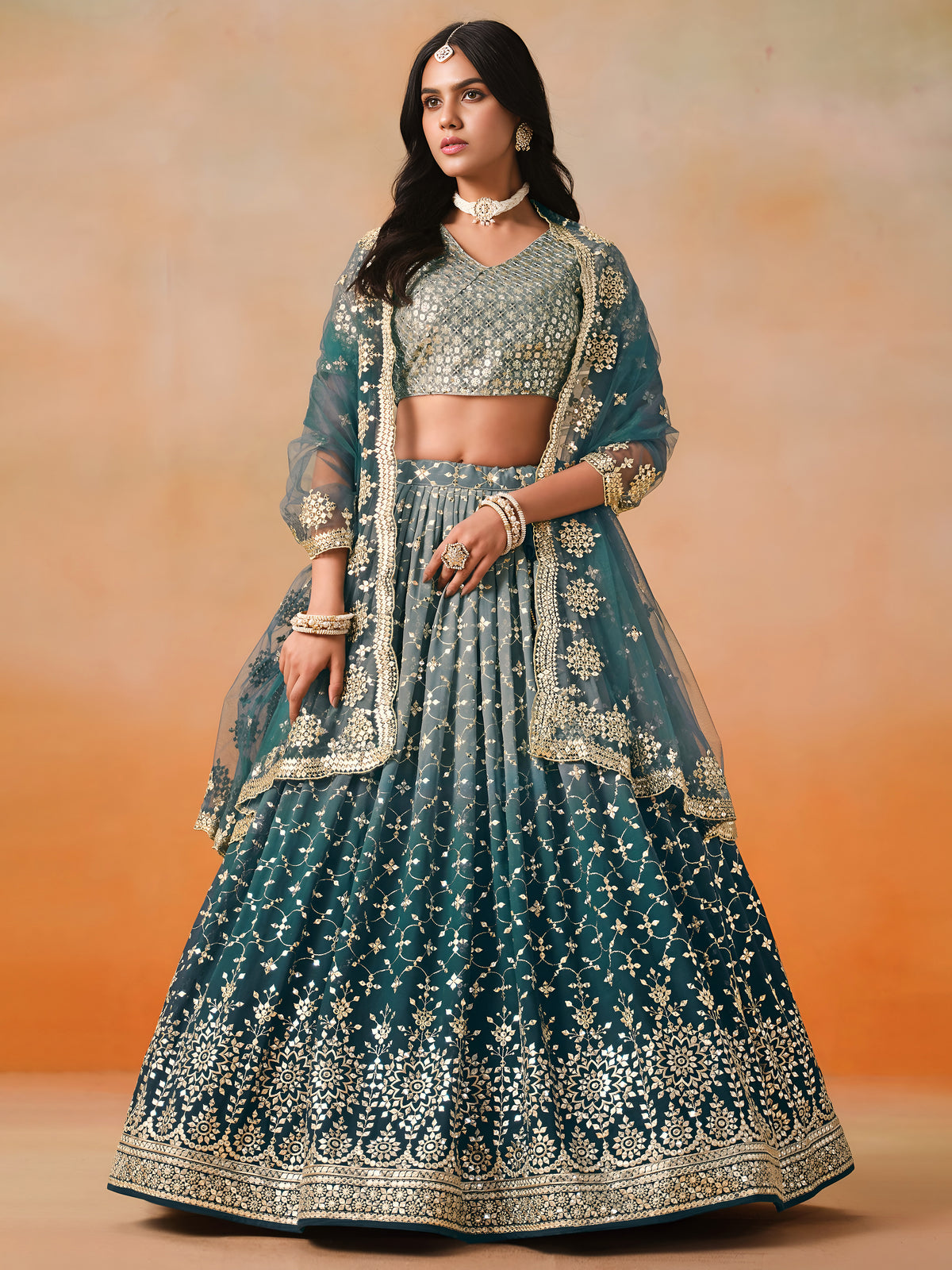 Dove Blue Lehenga Choli with Gold Floral Embroidery and Dupatta