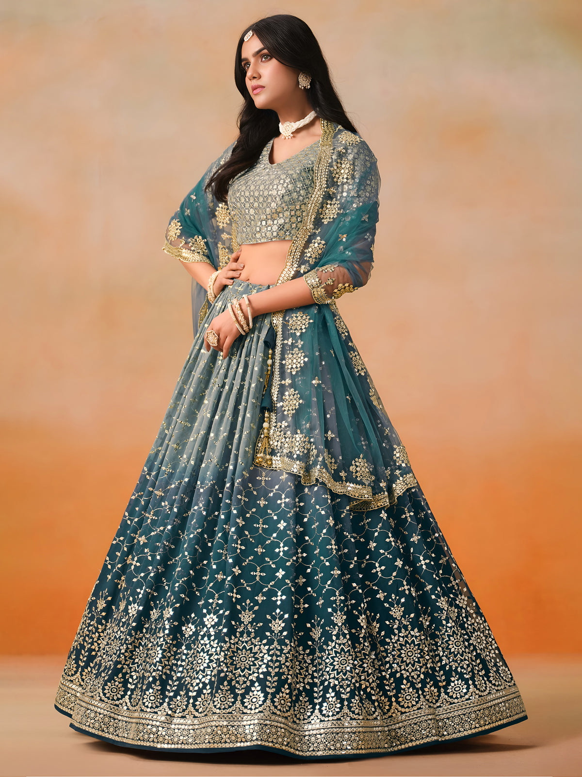 Dove Blue Lehenga Choli with Gold Floral Embroidery and Dupatta