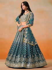 Dove Blue Lehenga Choli with Gold Floral Embroidery and Dupatta