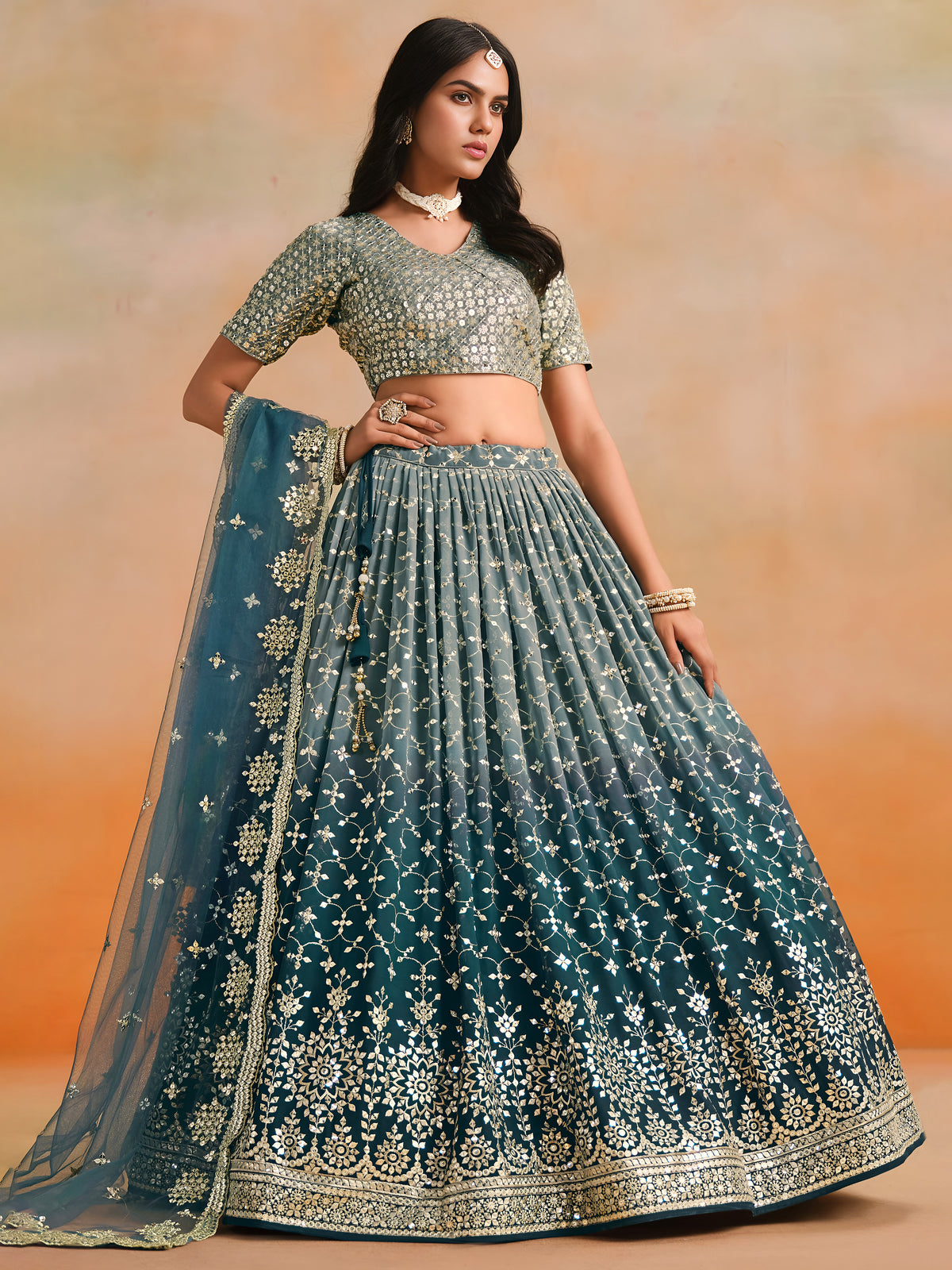 Dove Blue Lehenga Choli with Gold Floral Embroidery and Dupatta