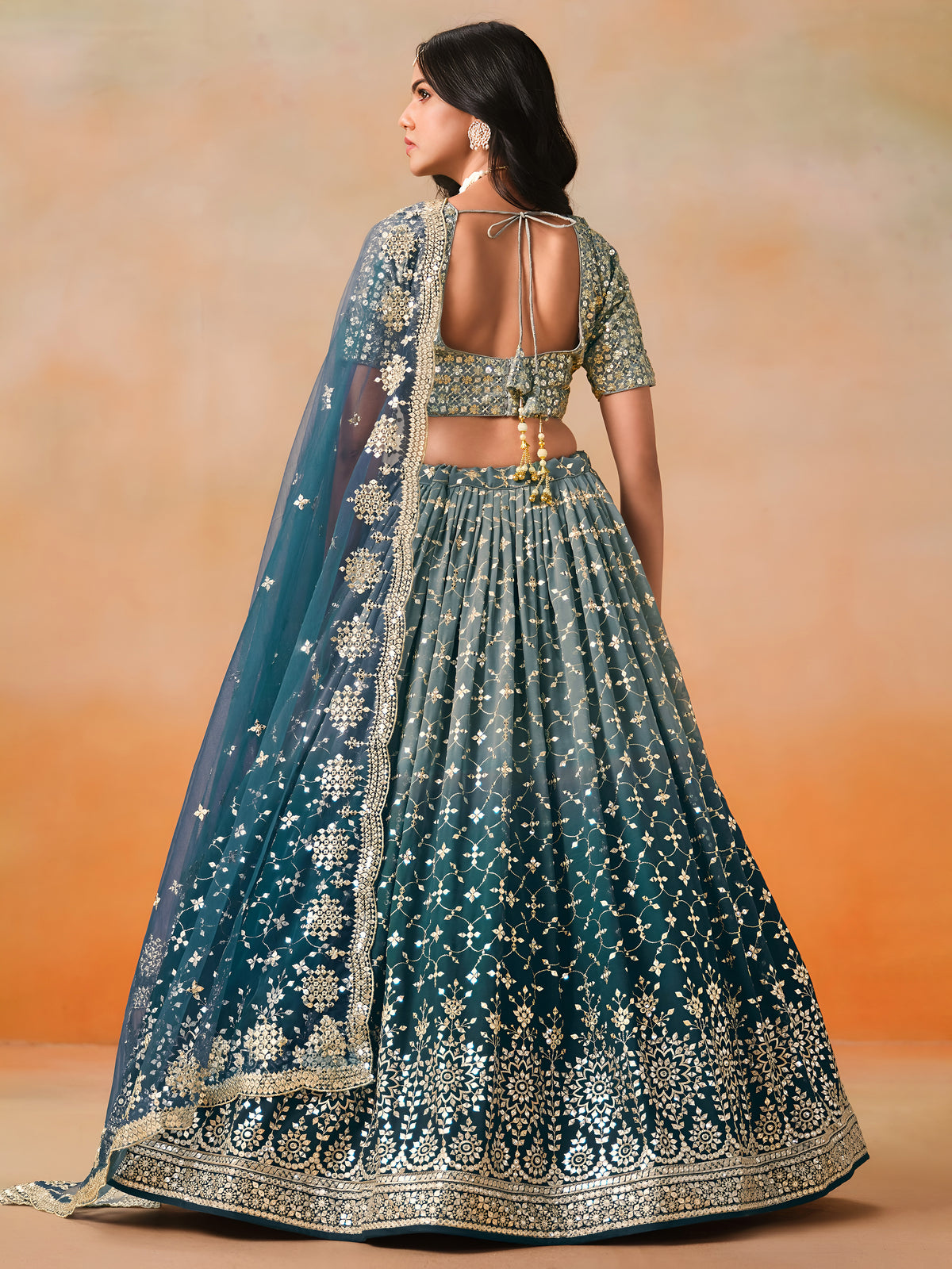 Dove Blue Lehenga Choli with Gold Floral Embroidery and Dupatta