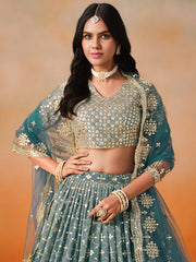 Dove Blue Lehenga Choli with Gold Floral Embroidery and Dupatta