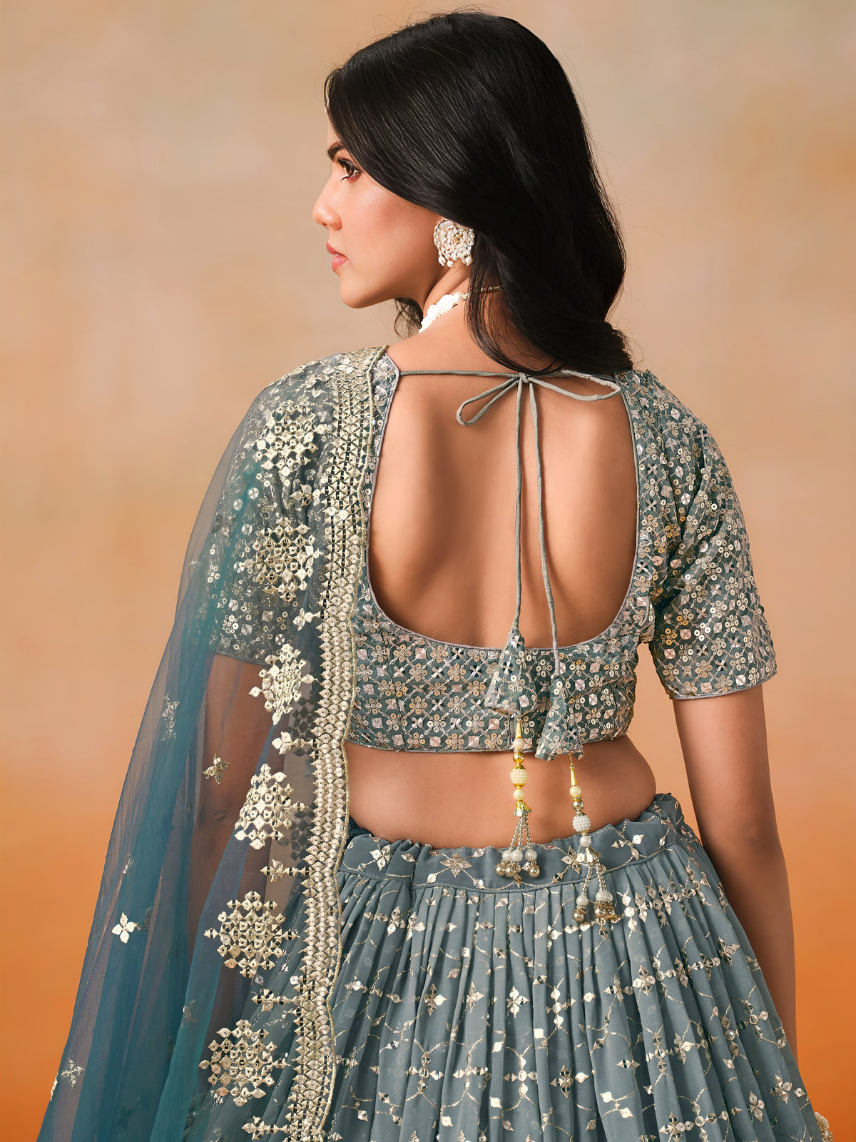 Dove Blue Lehenga Choli with Gold Floral Embroidery and Dupatta