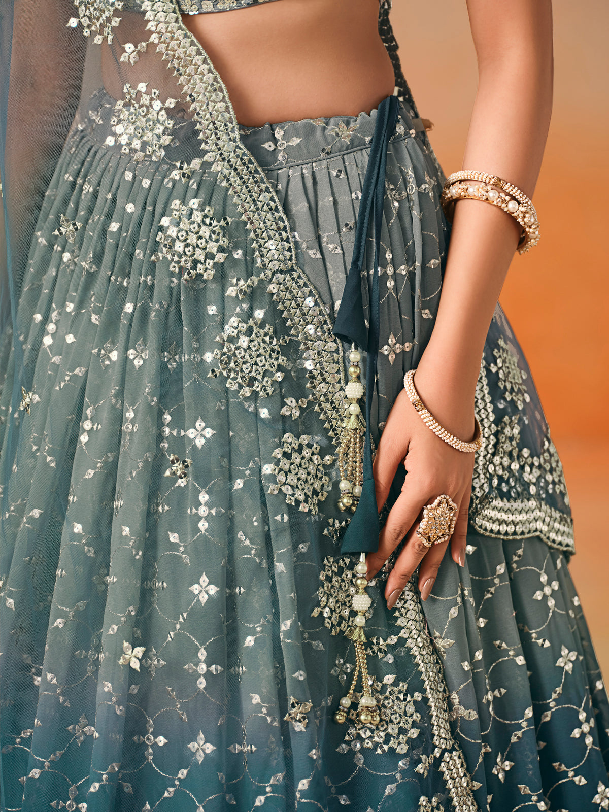 Dove Blue Lehenga Choli with Gold Floral Embroidery and Dupatta