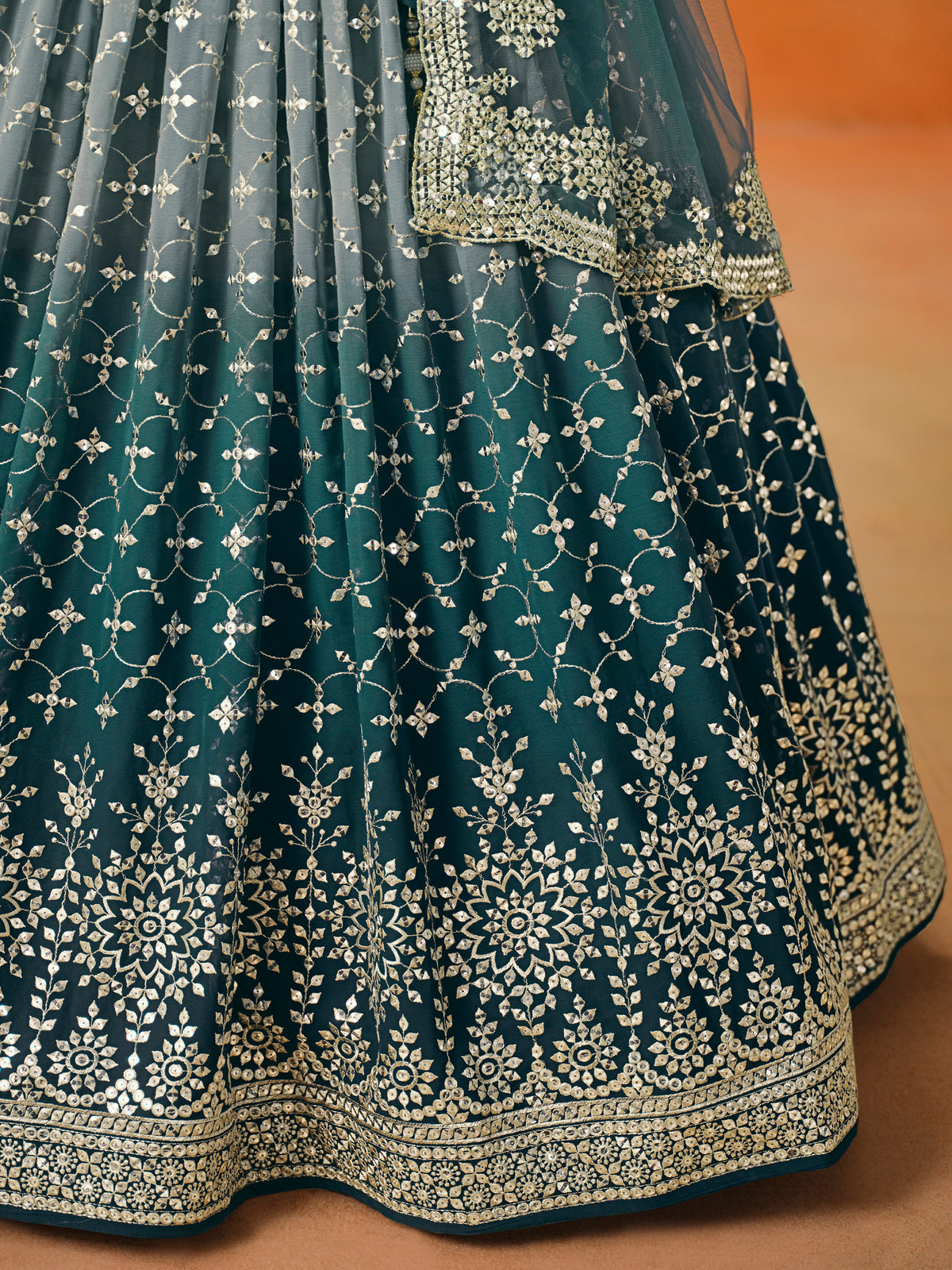 Dove Blue Lehenga Choli with Gold Floral Embroidery and Dupatta