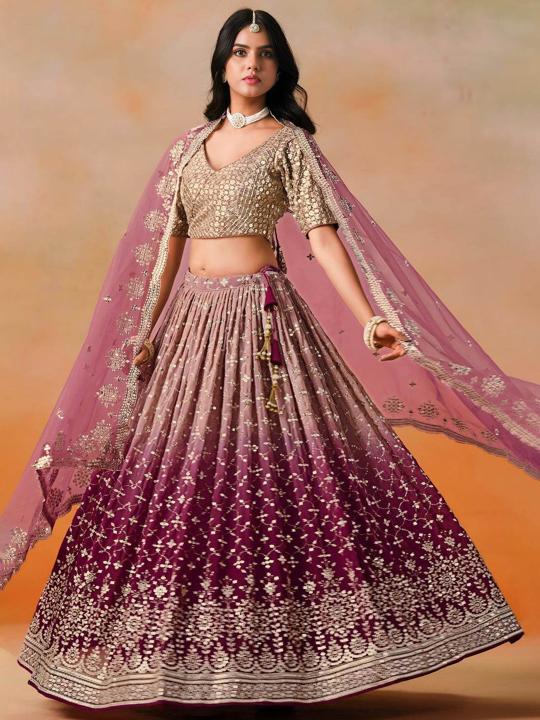 Mauve Maroon Lehenga Choli with Gold Floral Embroidery and Pink Dupatta