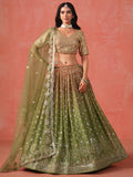 Mehndi Green Lehenga Choli with Gold Floral Embroidery and Matching Dupatta