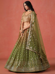 Mehndi Green Lehenga Choli with Gold Floral Embroidery and Matching Dupatta