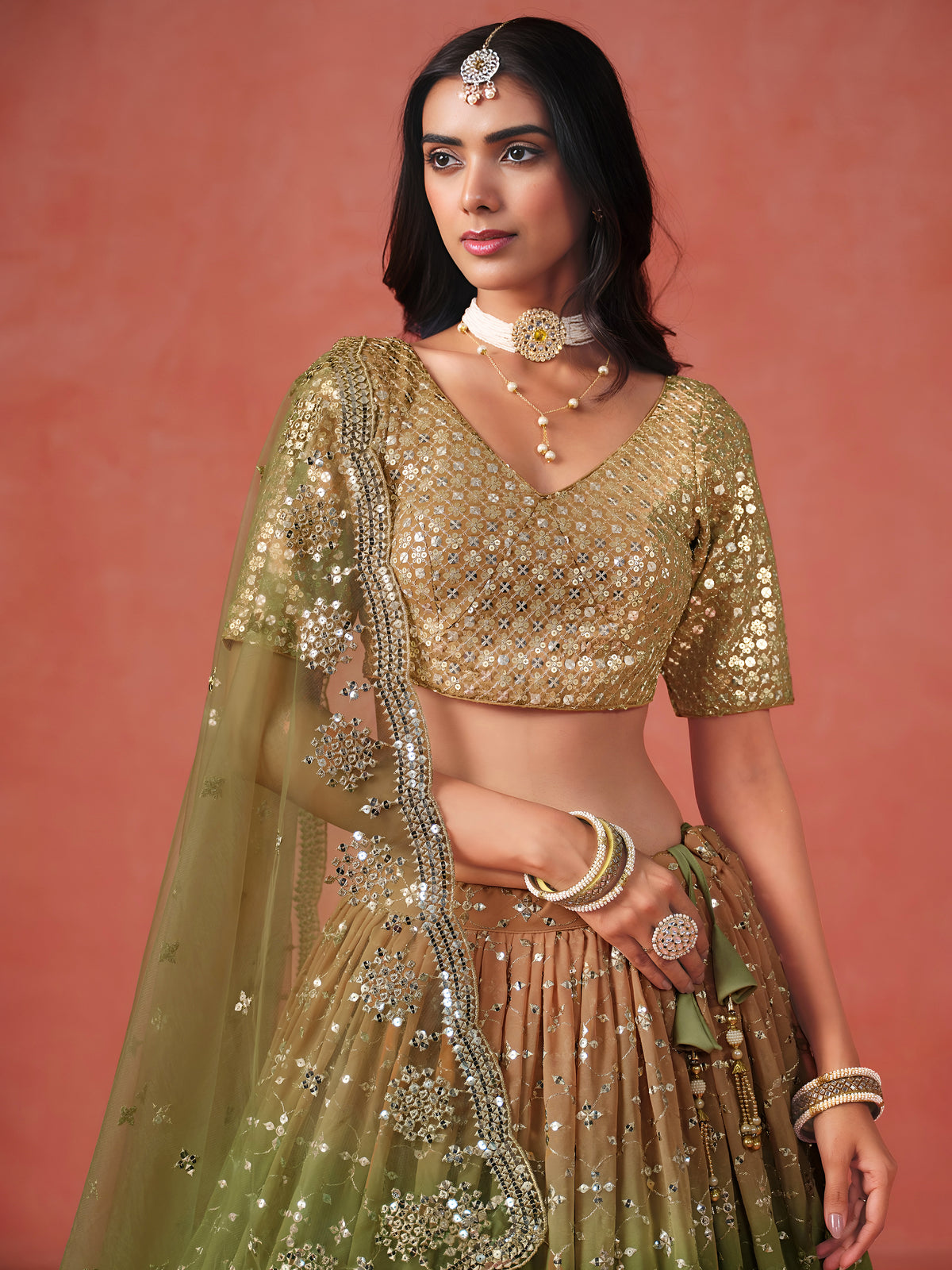 Mehndi Green Lehenga Choli with Gold Floral Embroidery and Matching Dupatta