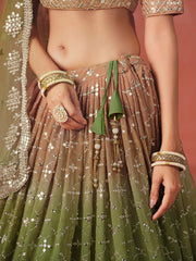 Mehndi Green Lehenga Choli with Gold Floral Embroidery and Matching Dupatta