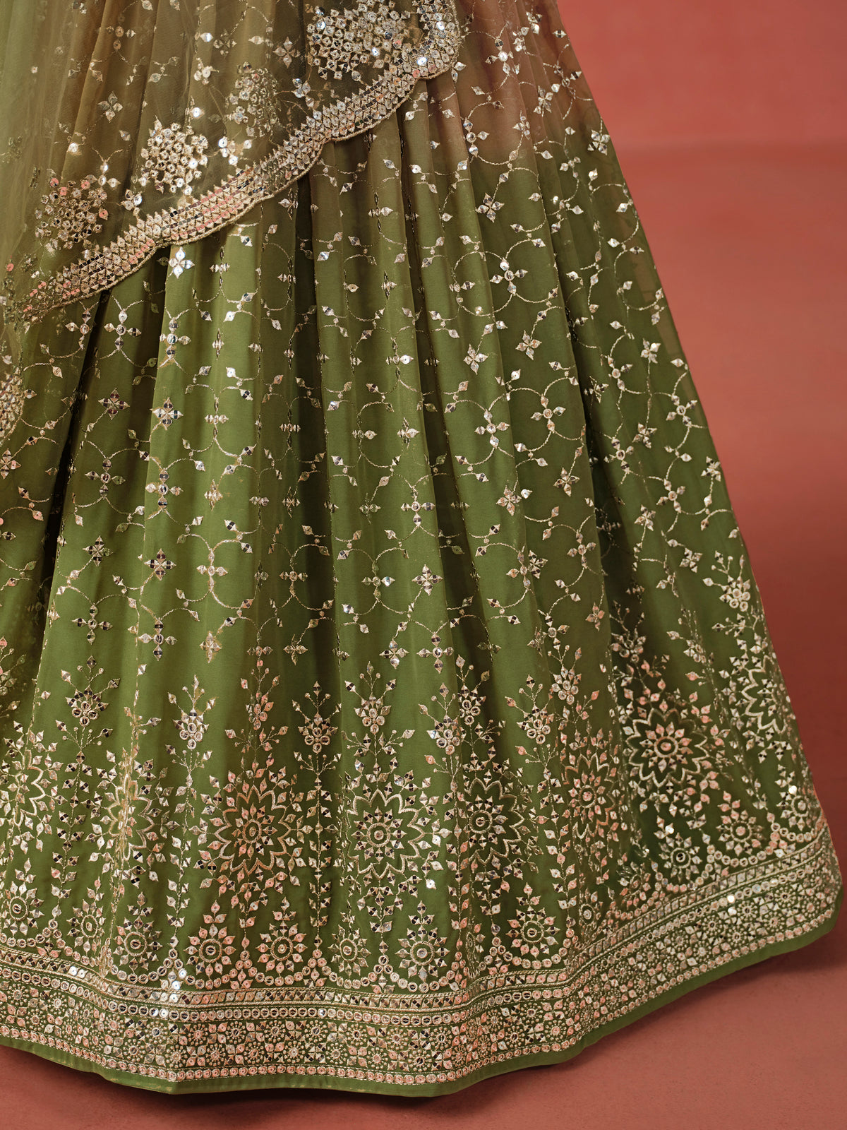 Mehndi Green Lehenga Choli with Gold Floral Embroidery and Matching Dupatta
