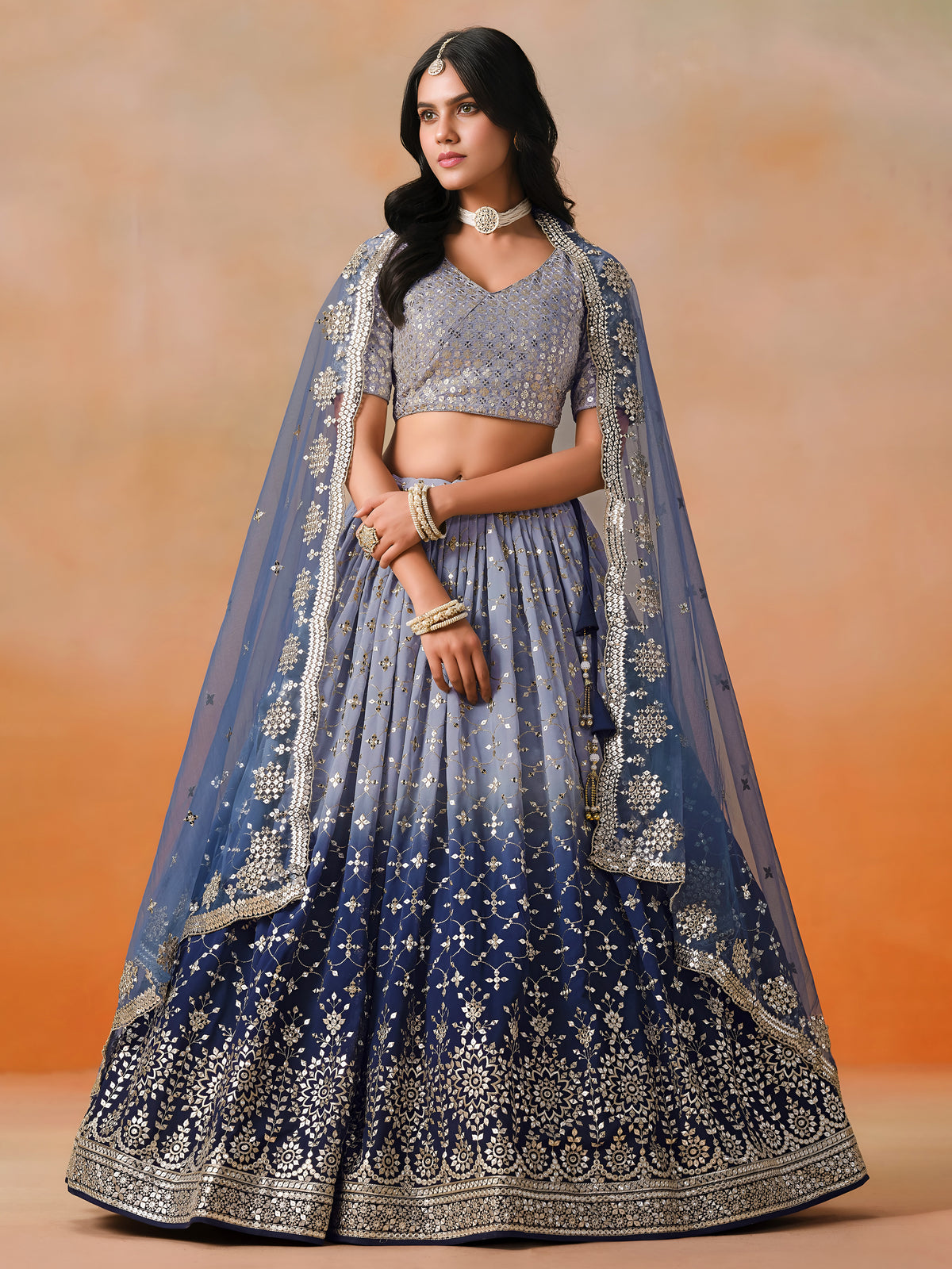 Navy Blue Lehenga Choli with Silver-Gold Floral Embroidery and Matching Dupatta