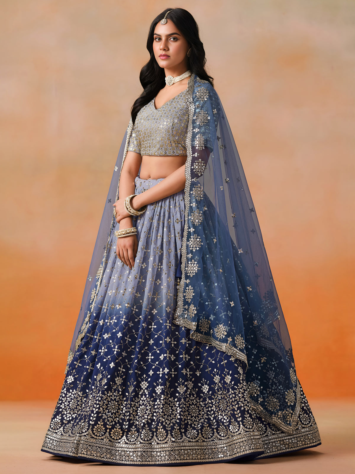 Navy Blue Lehenga Choli with Silver-Gold Floral Embroidery and Matching Dupatta