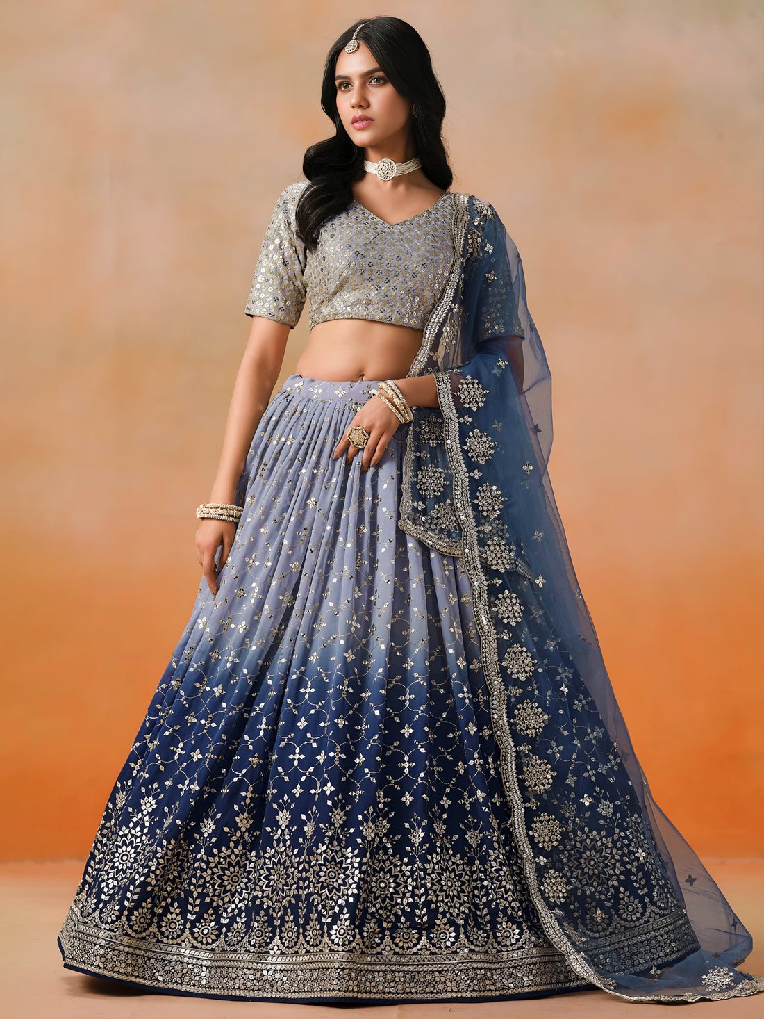 Navy Blue Lehenga Choli with Silver-Gold Floral Embroidery and Matching Dupatta