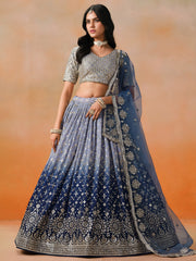 Navy Blue Lehenga Choli with Silver-Gold Floral Embroidery and Matching Dupatta
