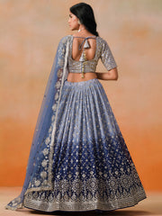 Navy Blue Lehenga Choli with Silver-Gold Floral Embroidery and Matching Dupatta